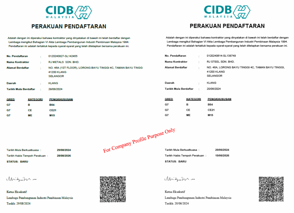 RJ Corp, RJ Group, RJ Steel, RJ Metals, CIDB Certification